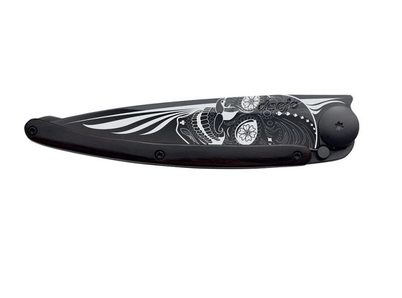 DEEJO BLACK 37G POCKET KNIFE GRANADILLA WOOD LATINO SKULL