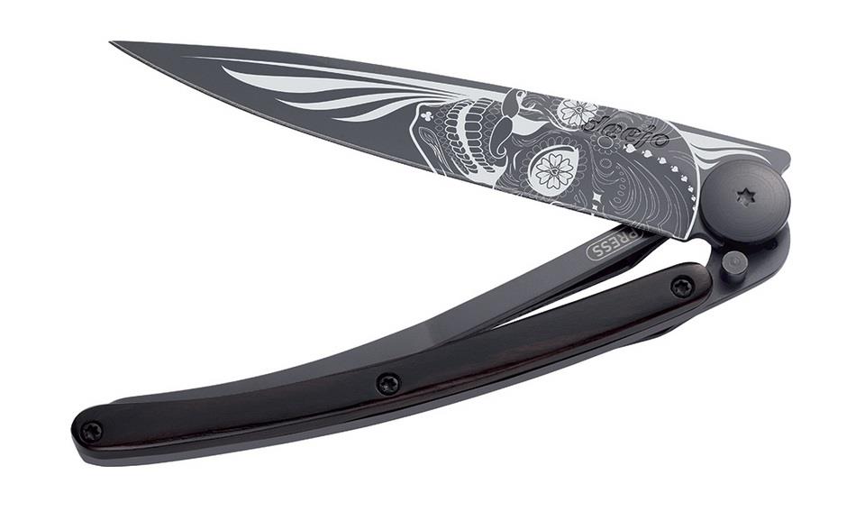 DEEJO BLACK 37G POCKET KNIFE GRANADILLA WOOD LATINO SKULL